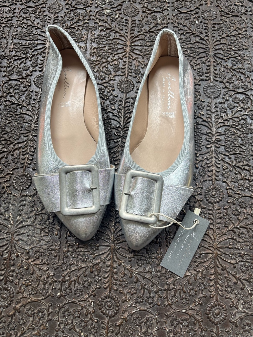 NTW Avellini Silver Metallic Buckle Pointed Toe Ballet Flat 7.5